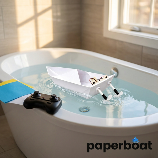 PaperBoat floating in a bathtub with the two-stick remote